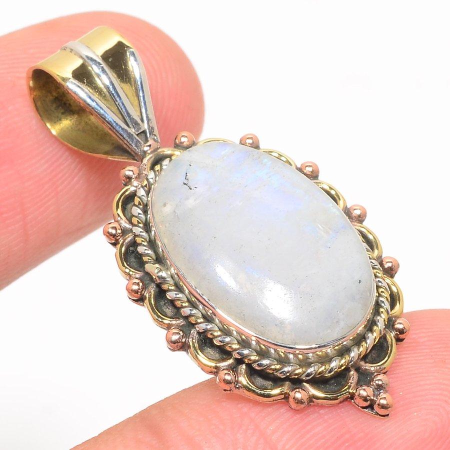Natural Rainbow Moonstone Two Tone 925 Solid Sterling Silver Pendant 1.50" N2R14