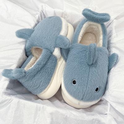 Fashion Comwarm Cute Home Plush Slippers For Women Men Cartoon Furry Shark Slippers Indoor Thick Bottom Non-slip Slides Bedroom Shoes