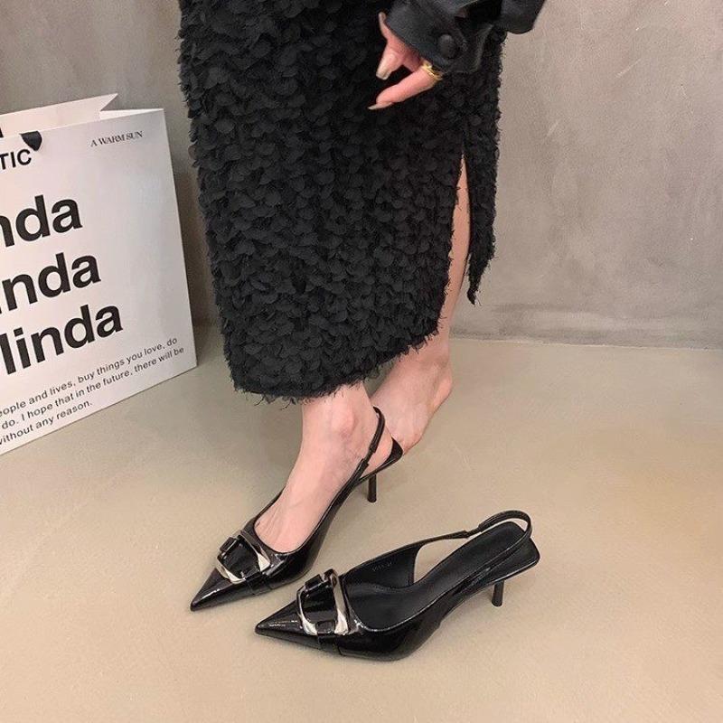 Fashion 2025 New Shoes Black Leather Shoes Woman Pumps Slingbacks Pointed Toe High Heels Stiletto Sexy Party Shoes Women Heels