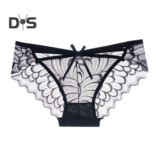 Women's Lace Thongs Low Waist See Through Panties with Bow Sexy Lace Mesh Briefs Ultra-Thin Breathable Bikini Underwear