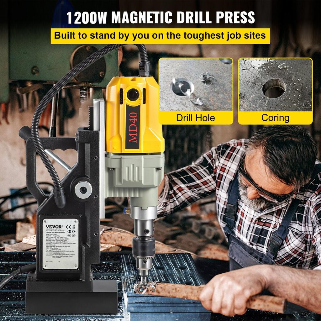 Magnetic Drill, 1100W 1.57" Boring Diameter, 2697lbf/12000N Portable Electric Mag Drill Press with 7 Bits, 580 RPM Max Speed Drilling Machine for Any