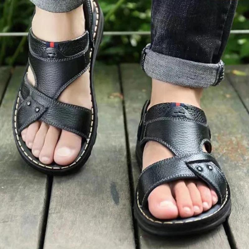 Sommer Herren Sandalen Hochwertige Rindsleder Sandale Mode Lässige Hausschuhe Outdoor Rutschfest Strandschuhe für Männer Neu Flache Sandalen
