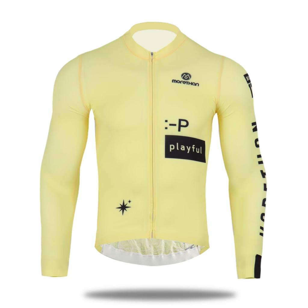 Morethan Cycling Jersey for Men and Women UV (L/Yellow/Long Sleeve) - Protection, Pockets, Antibacterial, Lightweight, Unisex, LVP-017