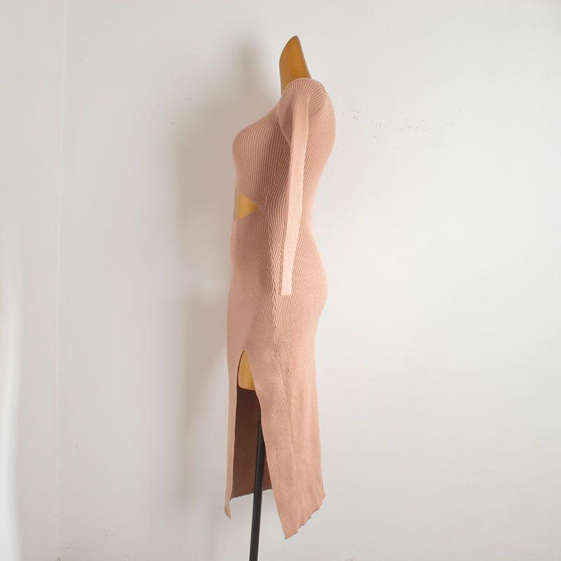 French Sexy Cut Out Long Sleeves Knitting Dress Women's Spring & Fall New Arrival Pure Color Sexy Tight Waist Slimming Slit Dress