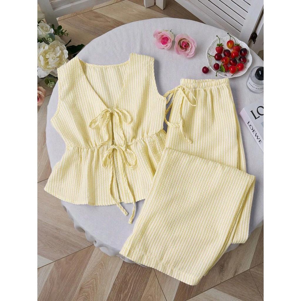 Women's Relaxed Fit Two Piece Pant Suit Sleeveless Tie Front Top Drawstring Wide Leg Pants