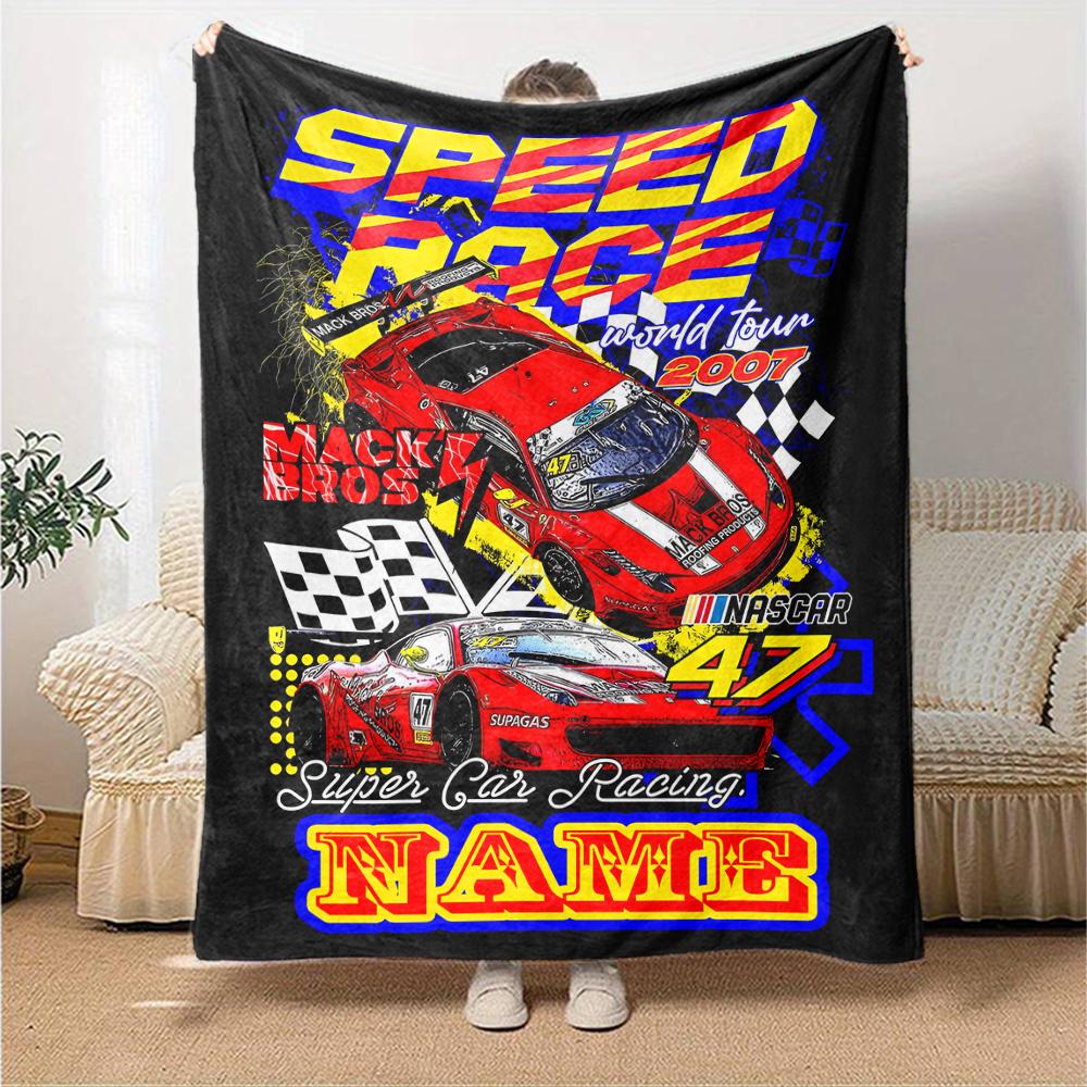 Custom Name Racing Theme Printed Blanket - Perfect for Couch, Bed, Travel & Outdoor Use | Machine Washable, Cozy & Durable.