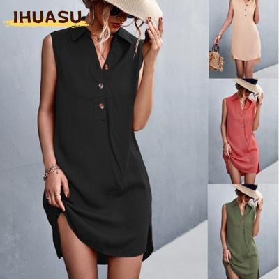 Vestidos Casuales de Verano Primavera Color Sólido Estampado Sin Mangas Cuello en V