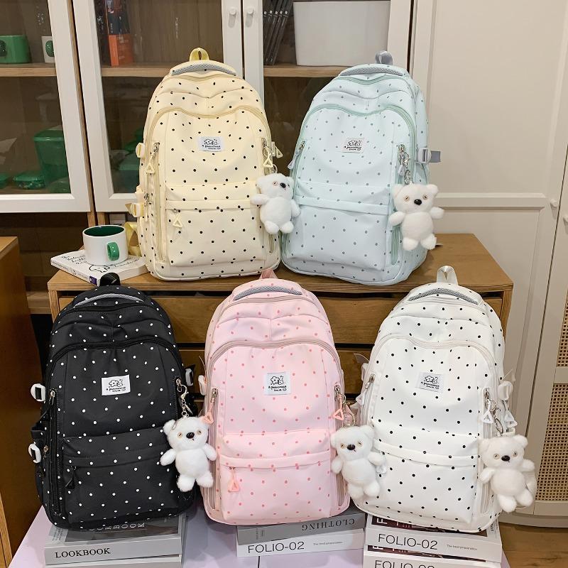 Einfacher Nylon-Rucksack mit Polka-Dots, niedliches Design, lässiger Schülerrucksack mit großem Fassungsvermögen und mehreren Fächern, geeignet für den täglichen Gebrauch und die Schule.