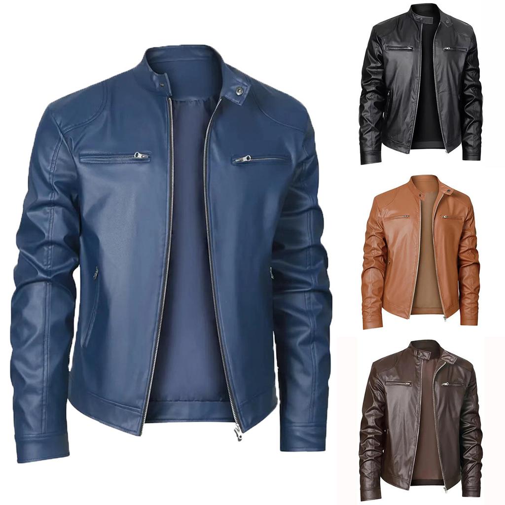 High quality men's stand-up collar European size leather jacket zipper pocket decorative leather jacket locomotive men's leather jacket