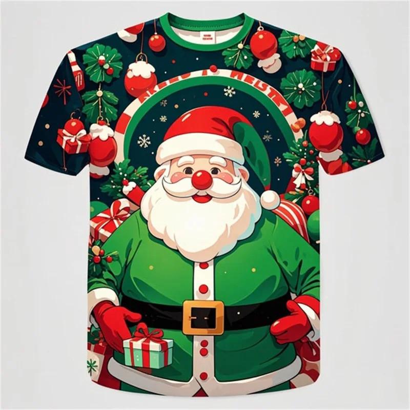 3D printed Santa Claus pattern T-shirt, men's and women's short sleeved plus size T-shirt top, children's Merry Christmas T-shirt clothes