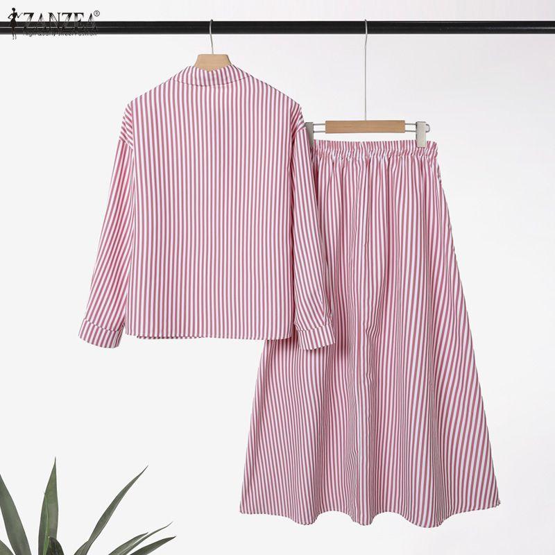 ZANZEA Damska Bluzka z Długim Rękawem i Długie Spódnice Casualowe Dwuczęściowe Zestawy