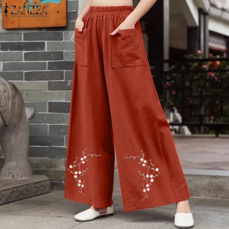 

ZANZEA Женские однотонные свободные брюки трапециевидной формы с карманами и вышивкой 9/10