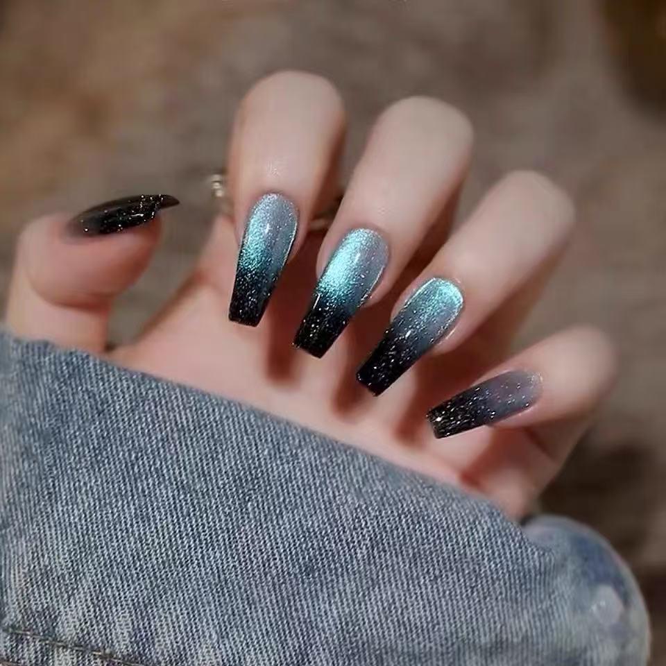 Black-Green Gradient Wearable Nails with Glass Beads and Cat Eye Stickers