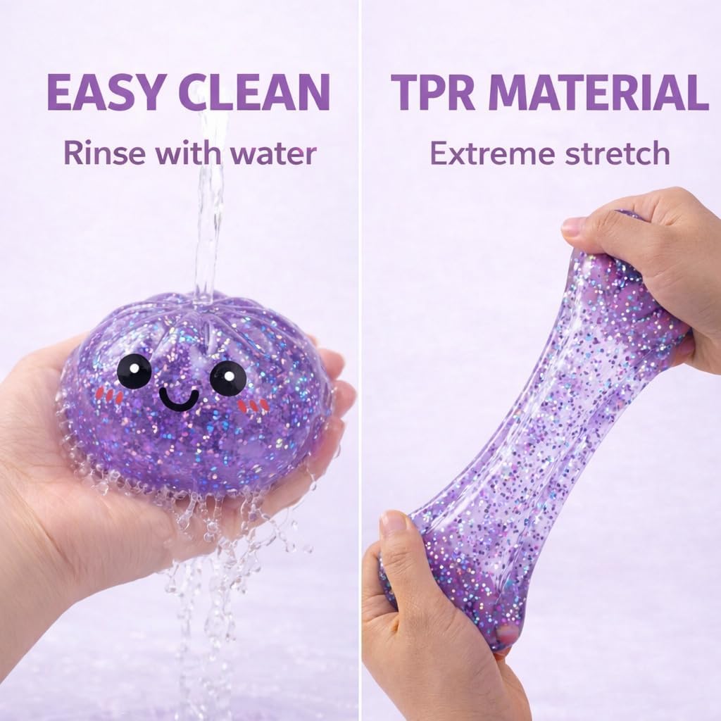 Jucarie Anti-Stres Squishy Dumpling Kawaii with Glitter and Gel Filling, Fast Rebound, for Adults and Kids, Purple