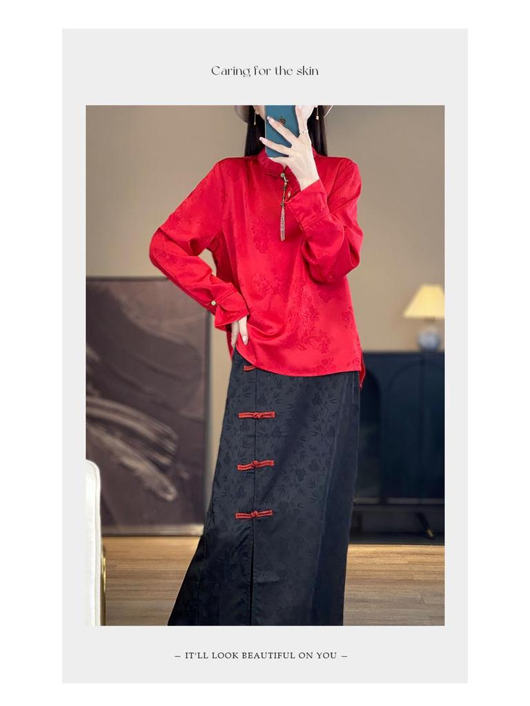 Silk Satin 2026 Spring/Summer Women's Floral Stand Collar Long Sleeve Top