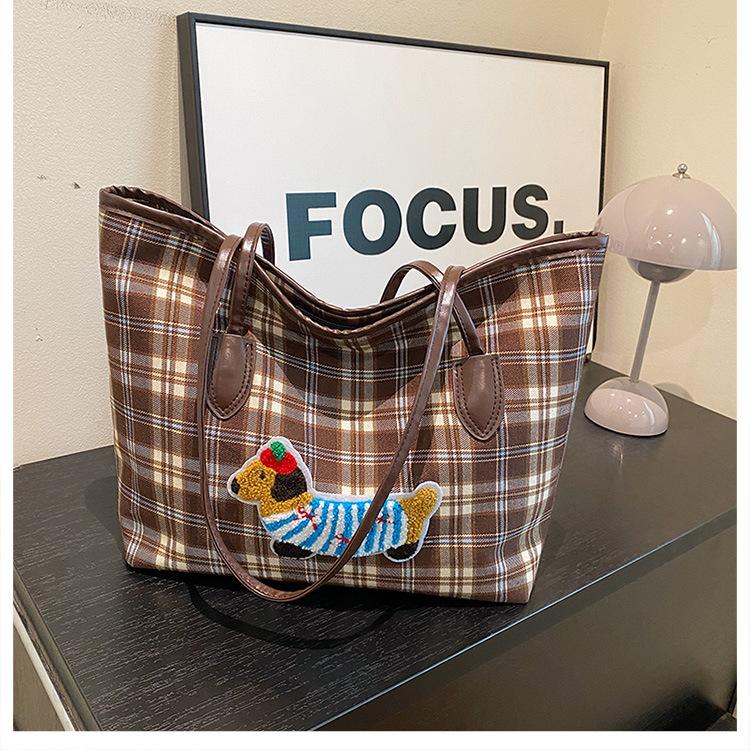 

Клетчатая холщовая сумка женская осенняя новая модная сумка-тоут универсальная сумка подмышку большой вместимости