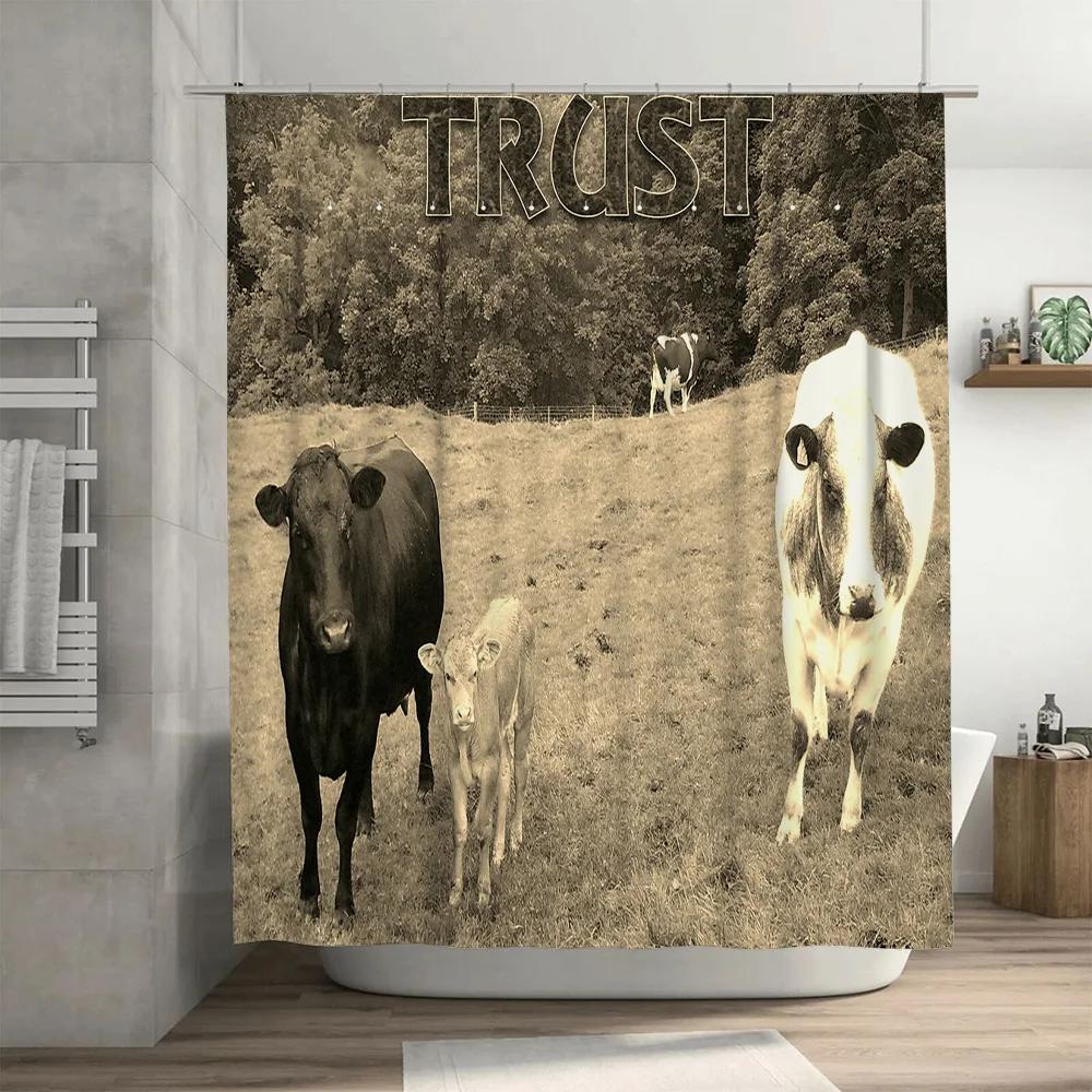 Farmhouse Bathroom Decor Shower Curtain Featuring Trust Farm Animals Black Bull White Cow With Calves Country Rustic Style Home
