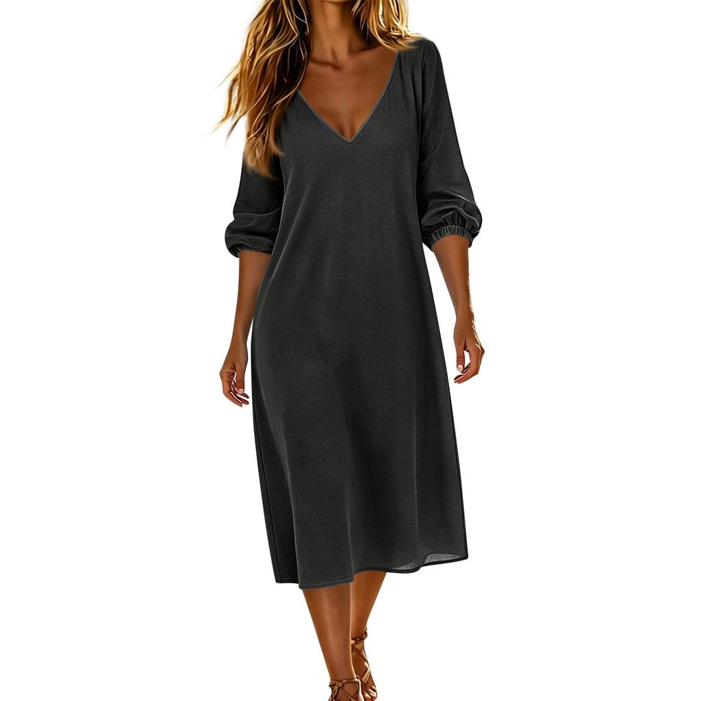 Women’s V Neck Midi Dress with Three Quarter Sleeves Loose Fit Casual Solid Design Lightweight Fabric