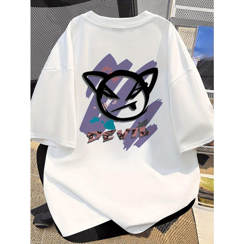 Cotton Short-sleeve T-shirt with Graffiti Demon Cat Print, Street Style Top S белый