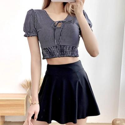 Korean-Style Plaid Slimming Women's Swimsuit with Cover-Up Skirt and Boyleg, Conservative Student Design for Hot Springs
