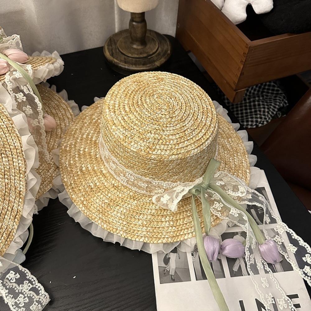 Flower Lace Bow Straw Hat Sunscreen Summer Beach Sun Hat  Beautiful Scenery