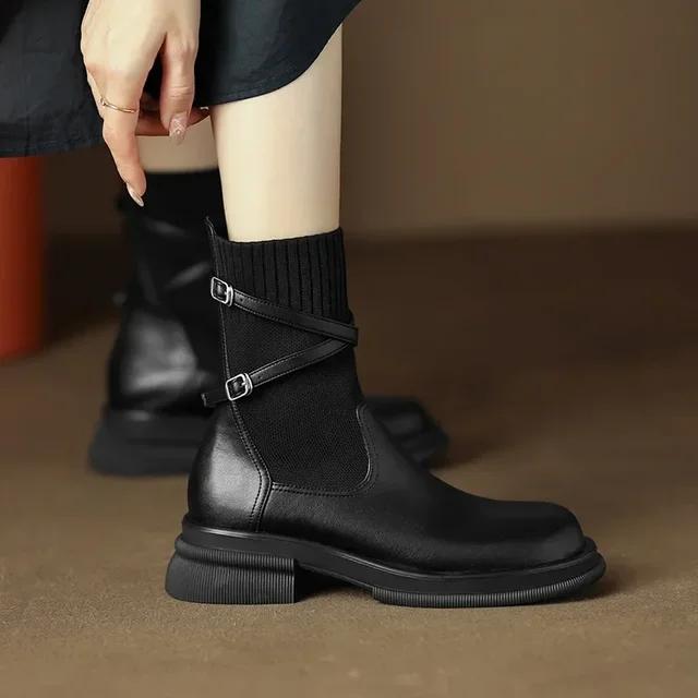 Women's New Chelsea Boots Retro Women's Thick Soled Shoes Thick Heel Elastic Socks Women's Ankle Boots Botines Chelsea