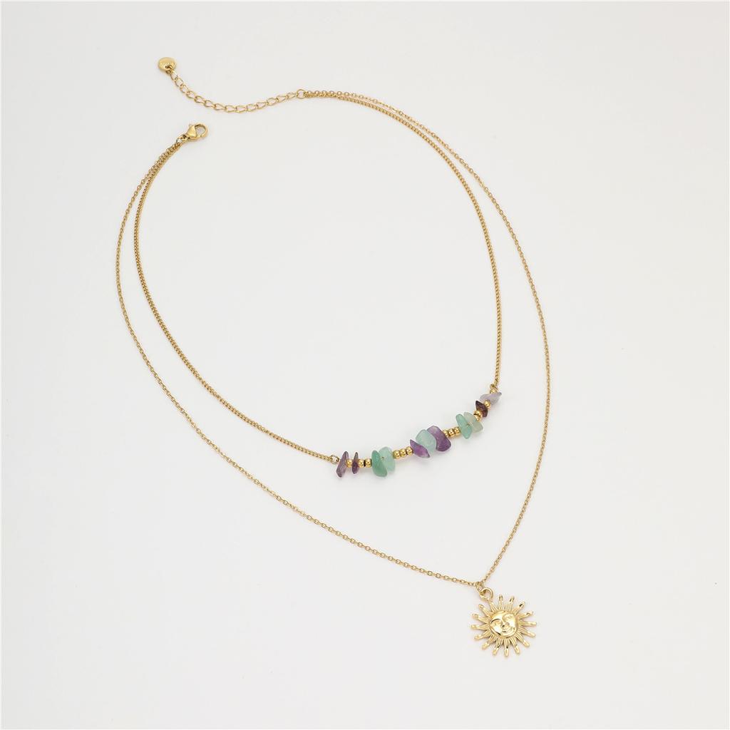 GEMCHIC Women's Natural Stone Beaded Necklace Stainless Steel Sun Pendant Dainty Layered Vacation Necklace