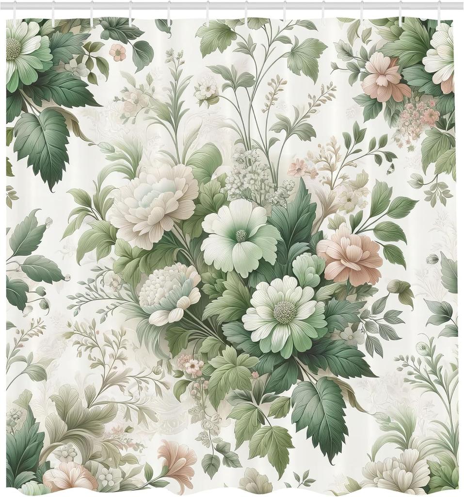 Green Shower Curtain, Delicate Floral Huddle With Leaves Bohemian Romantic Concept Sage Tones, Cloth Fabric Bathroom D
