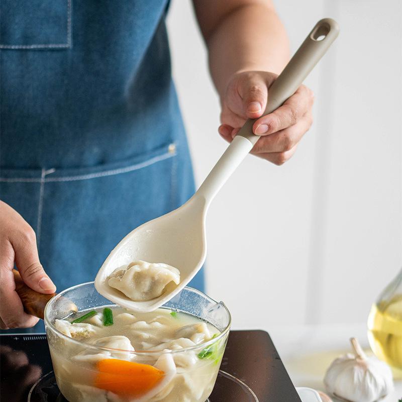 Heat-Resistant Silicone Kitchenware Set: Spatula, Soup Ladle, Slotted Spoon, Rice Spoon, Frying Pan Scraper, Oil Brush, and Flour Grabber.