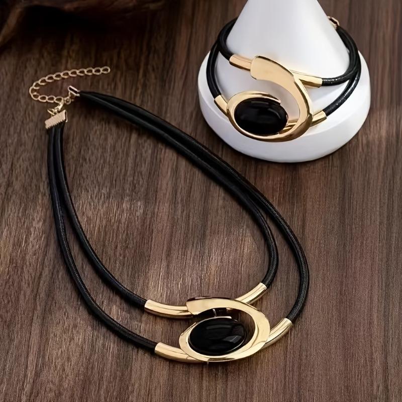 Simia style necklace and bracelet set, double black rope design, with oval black rhinestone pendant, ladies fashion jewelry