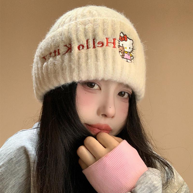 Hellokitty Knit Hat For Girls Cute Cartoon Warm Ear Protection Street Dance Accessory