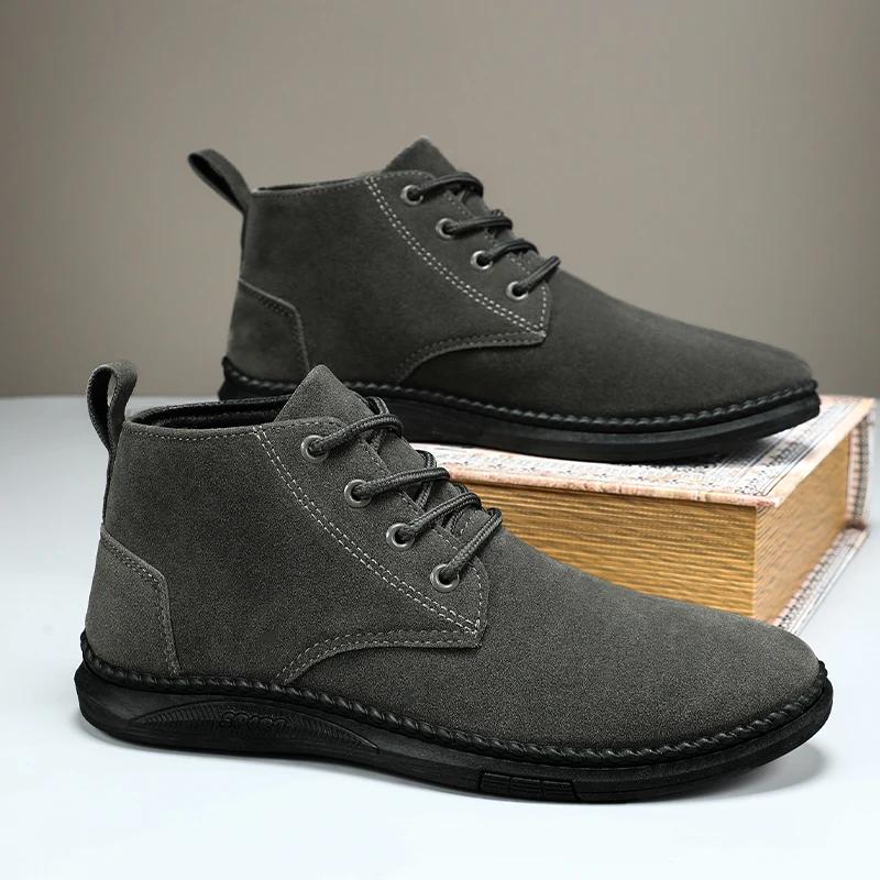 High Top Casual Board Shoes Men's Lace Up Suede Flat Bottom Short Boots Men's Chelsea Boots High-quality Brand Denim Boots Black