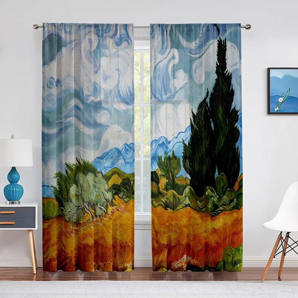 Wheat Field With Cypresses By Van Gogh Classic Art Tulle Sheer Curtains Transparent Window Curtain For Living Room Bedroom Decor