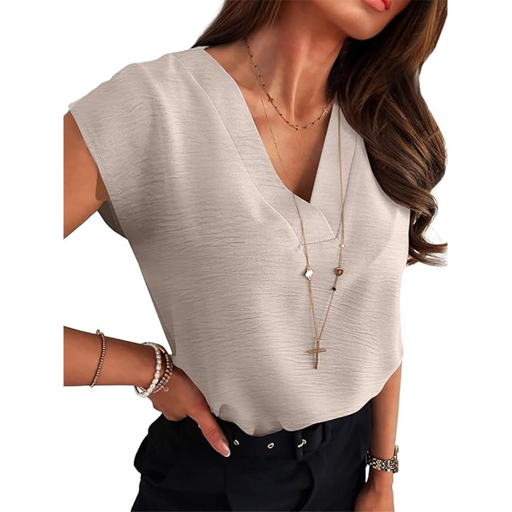

2025 Women s stylish V-neck short-sleeved pullover sleeveless shirt S абрикосовий