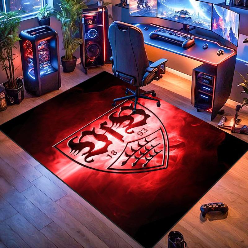 VfB Stuttgart Clubwapen Rood Rookeffect Print Vloerkleed Antislip Rechthoekig Vloermat Voetbalfan Gaming Slaapkamer Woonkamer Huisdecoratie Tapijt