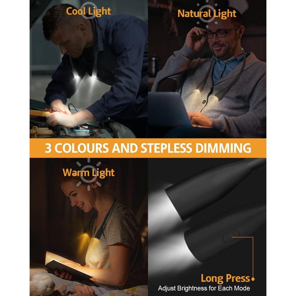 LED 3 Color Neck Light Reading Light Bendable Book Light For Reading Brightness Adjustable Usb Rechargeable Read Light Book Lamp