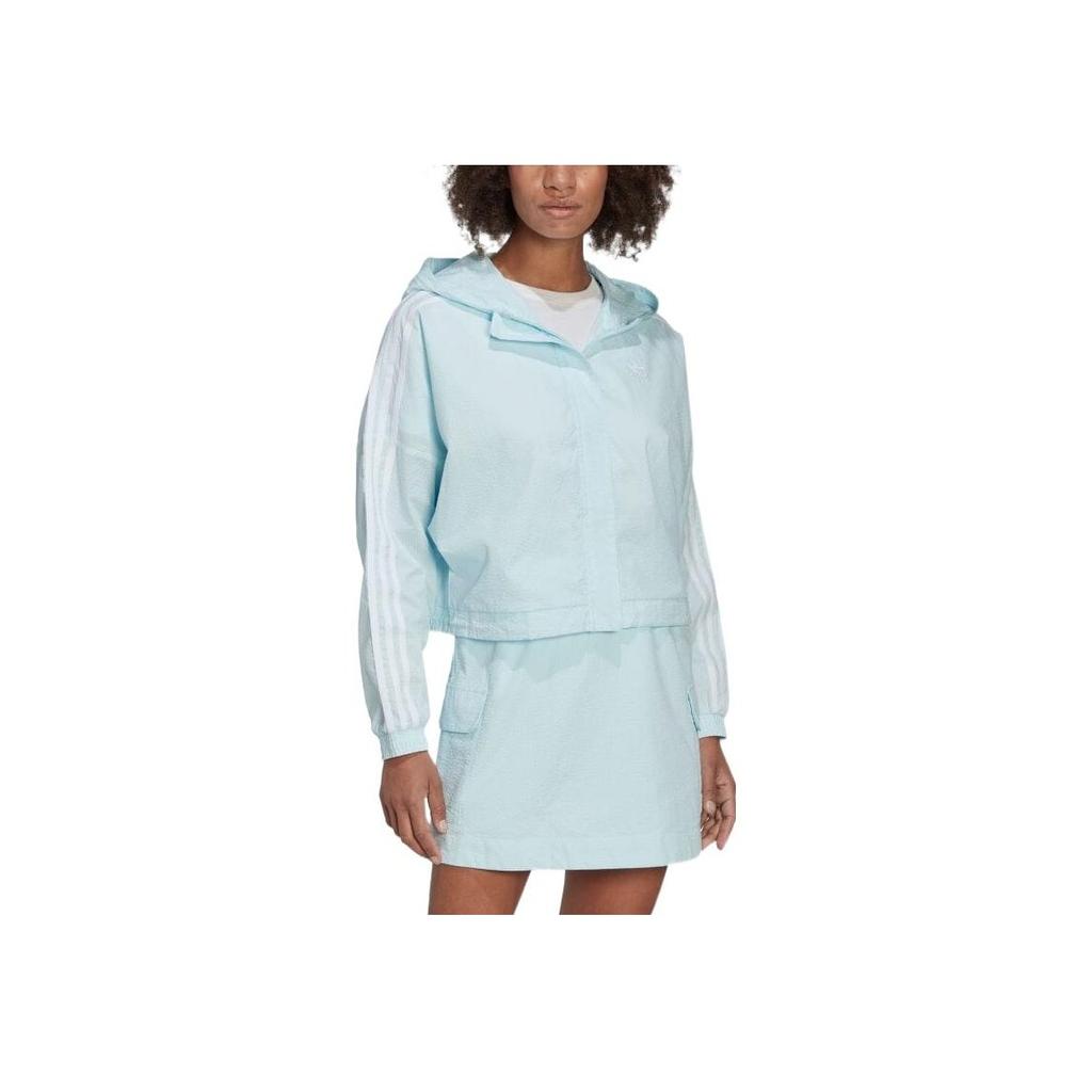 Adidas Originální Trefoil Pruhovaná Mikina s Kapucí na Zip Ležérní Dlouhý Rukáv Sportovní Bunda Dámská Bunda Modrá HL9305