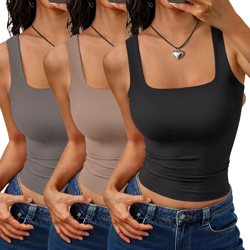 Women's Fashion Basic Sleeveless Tank Top Square Neck Stretch Slim Fit Casual Summer Layering Shirt