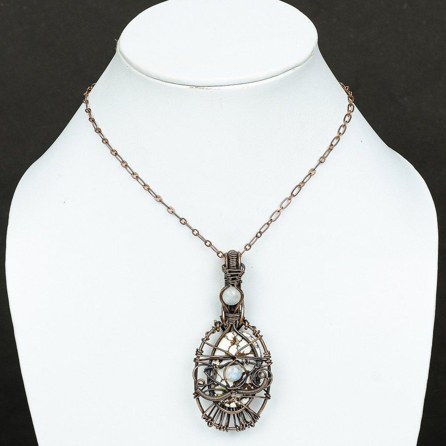 Natural Wild Horse, Moonstone Gemstone Copper Wire Wrap Pendant 2.96" t1W67