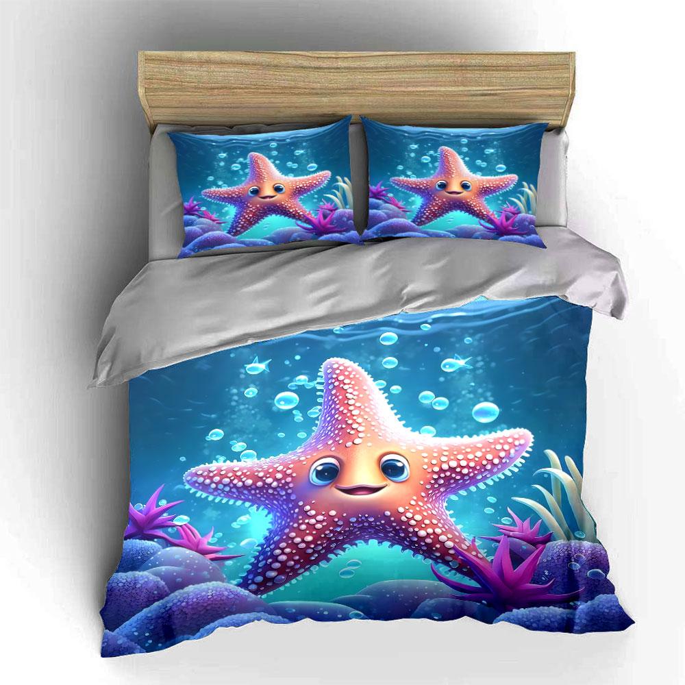 "Smiling Starfish Underwater Design" Print Bedding Set Duvet Cover Pillowcases (1* Duvet Cover 2* Pillowcases Do Not Include Comforter)