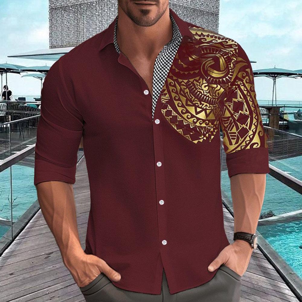 Men's Black Asymmetrical Tribal Print Shirt - Contrast Collar Button-Up Casual Top with Rolled Sleeves