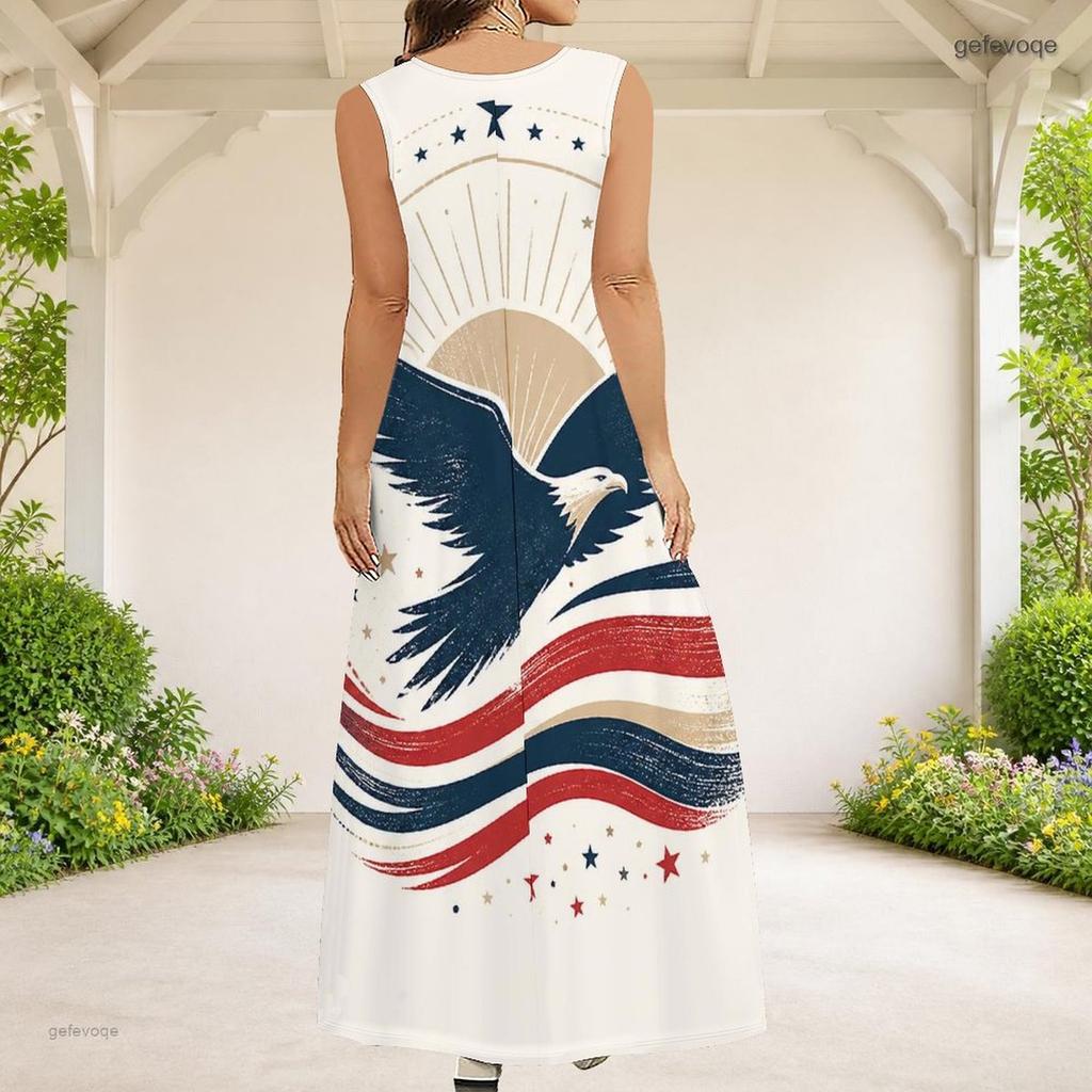 Women Plus Size Sleeveless Scoop Neck Eagle Star Print A Line Long Maxi Dress