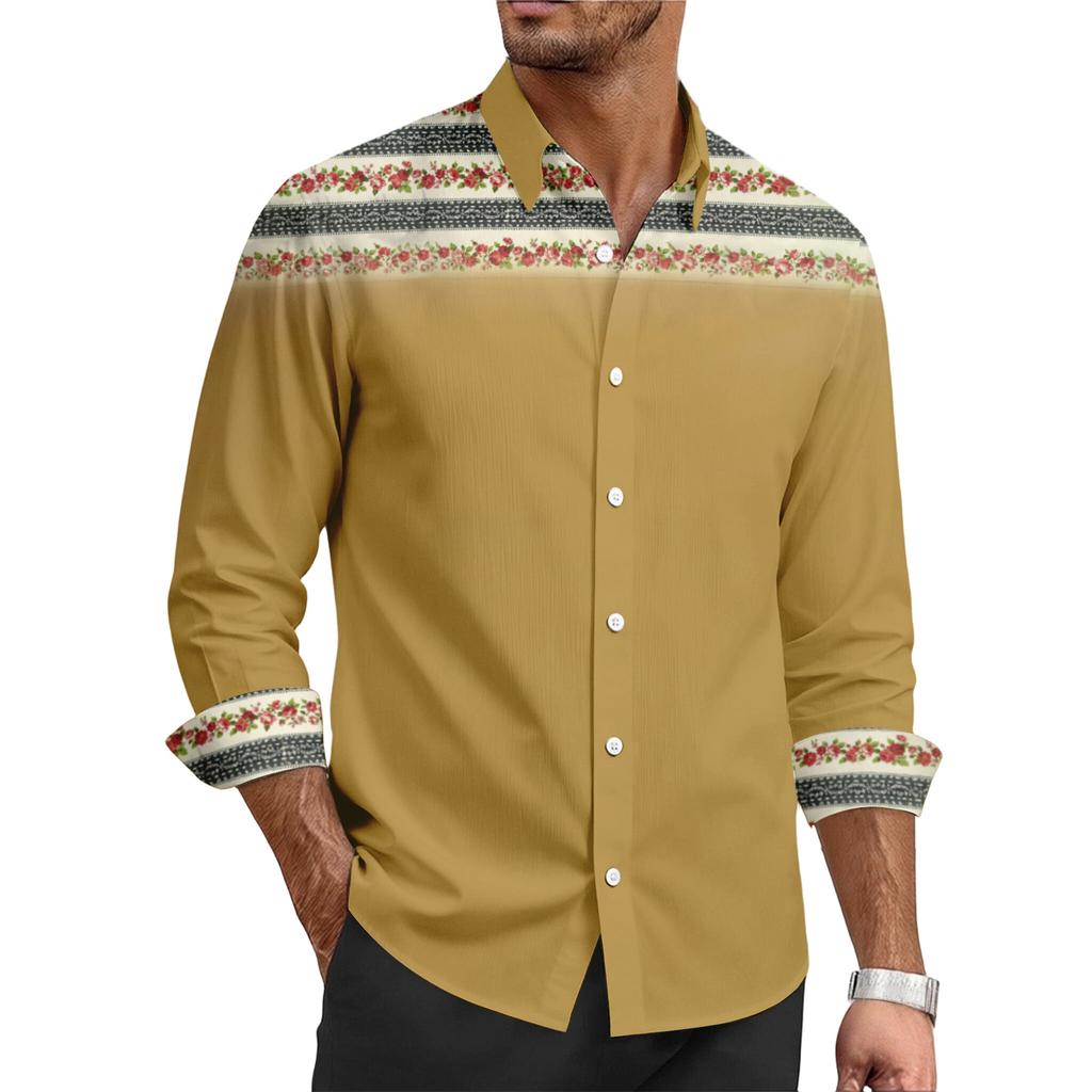Herren Freizeit Hemd mit stilvollem Retro-Textur-Druck - Herren Langarm Oberteil mit Kragen und Knöpfen