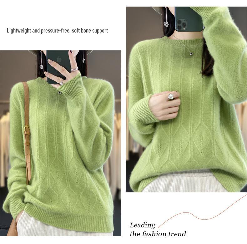 Women's Thickened Wool Jacquard Sweater - Round Neck, Long Sleeve, Cashmere Knit Base Layer for Autumn/Winter
