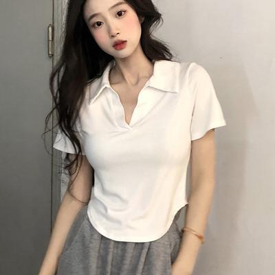 Short-sleeved Lapel Top, V-neck Pullover