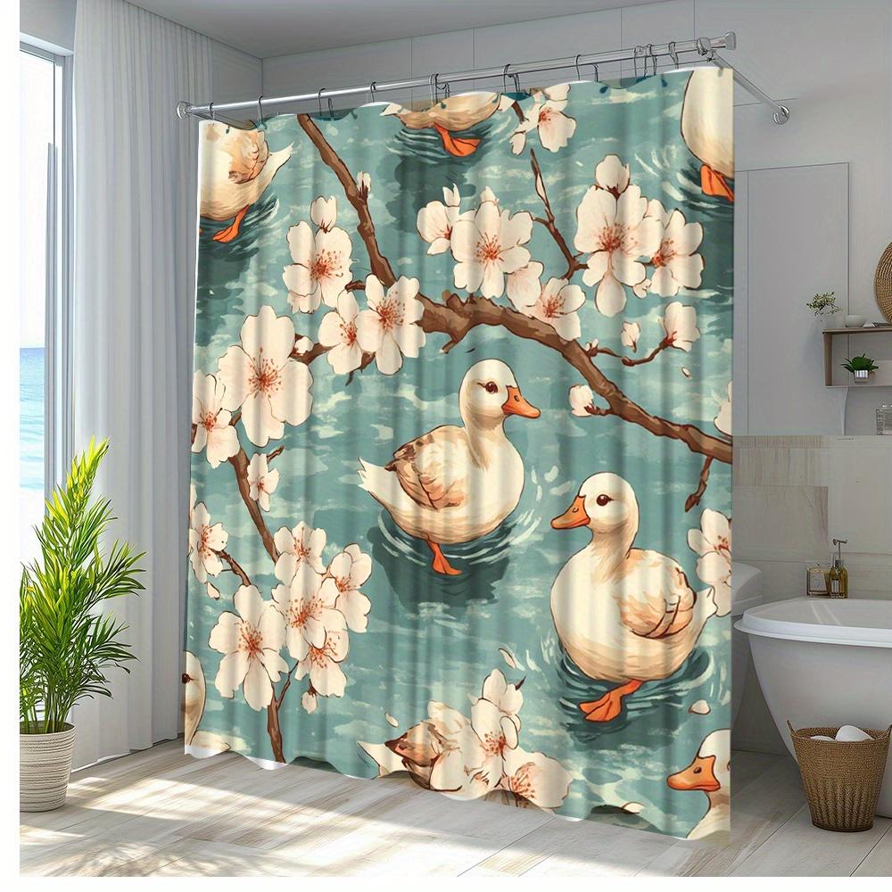 1pc Creative Duck and Floral Print Shower Curtain with Bathroom Decor made of Polyester Fabric including 12 Hooks