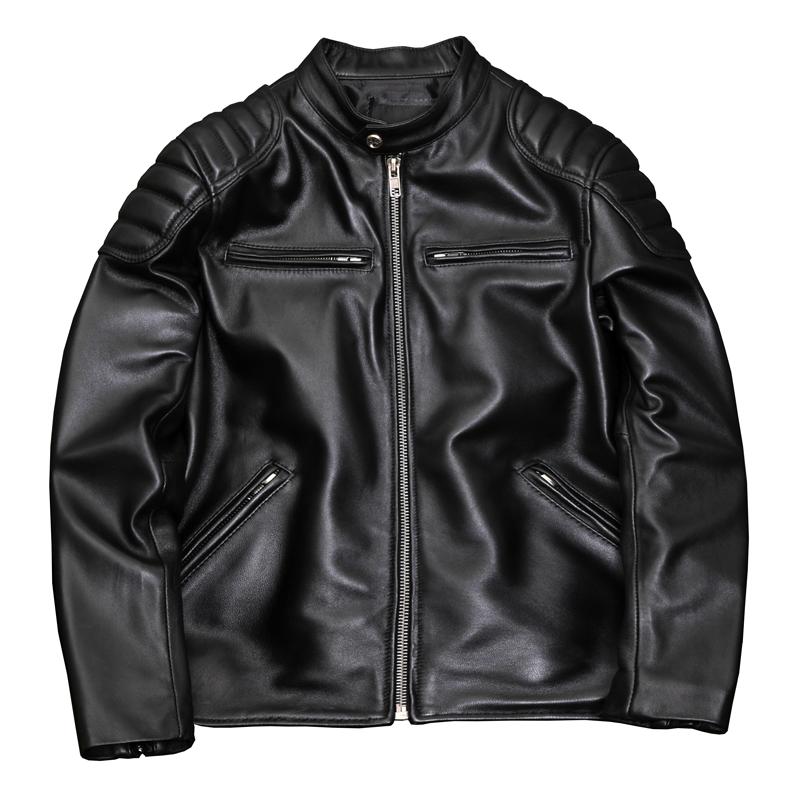 New Genuine Sheepskin Leather Jacket Men Slim Fit Biker Jacket Short Stand Collar Youth Fashion