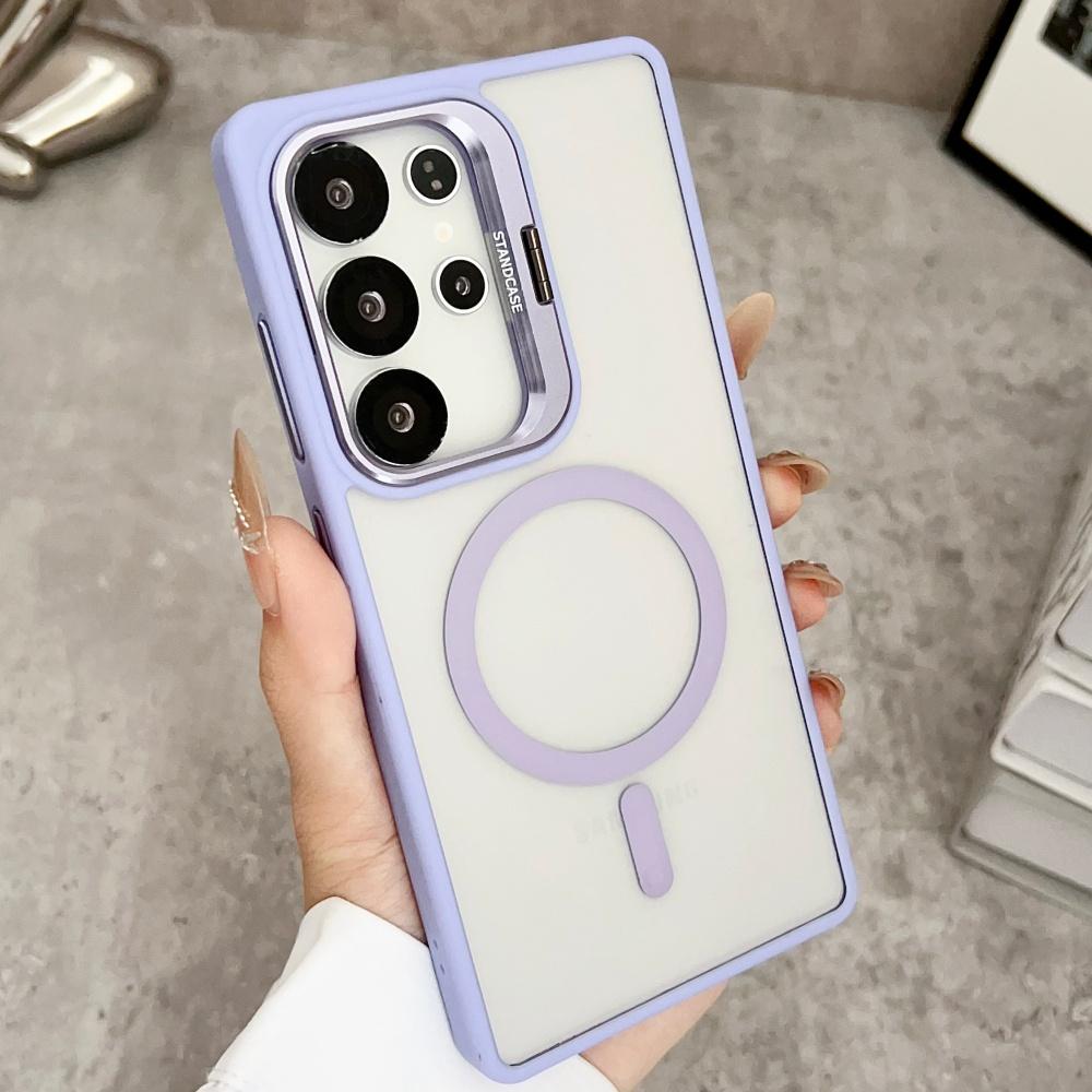 Metal Ring Lens Stand Holder Clear Magnetic Case For Samsung S25 Ultra S24 Plus S23 FE S22 A56 A36 A06 A15 For Magsafe Cover