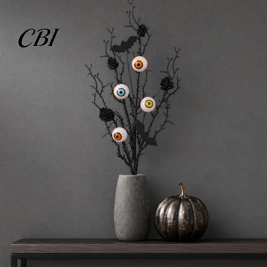 Halloween Eyeball Decorations Black Artificial Branches, Scary Eyeballs Picks with Bats Pine Decoration Branch Cones for Gothic Vase Filler,