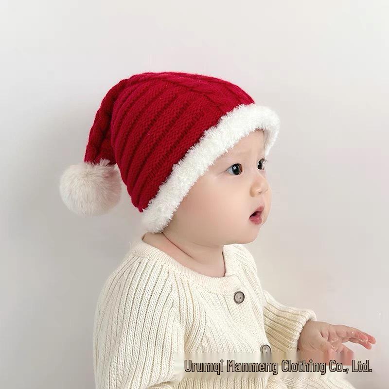 Świąteczna Ciepła Dzianinowa Wełniana Czapka Dziecięca - Czerwony Plusz na Boże Narodzenie i Nowy Rok